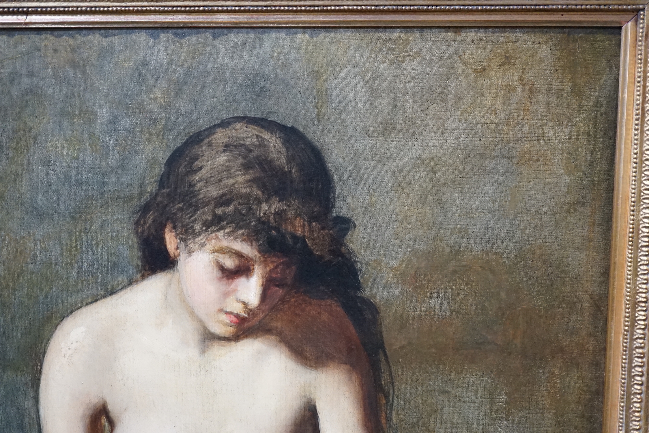 Late 19th Century French School, Seated female nude holding a seashell, oil on canvas, 78 x 98cm